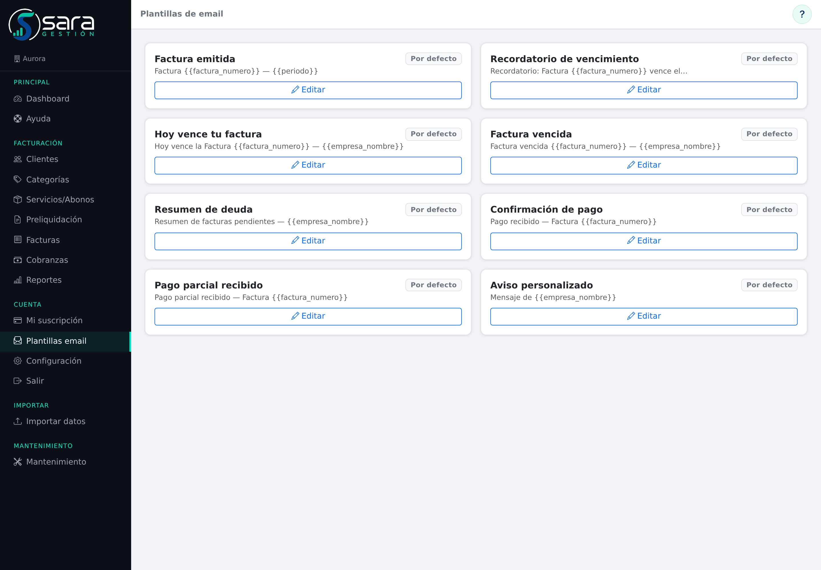Pantalla de plantillas de email de Sara